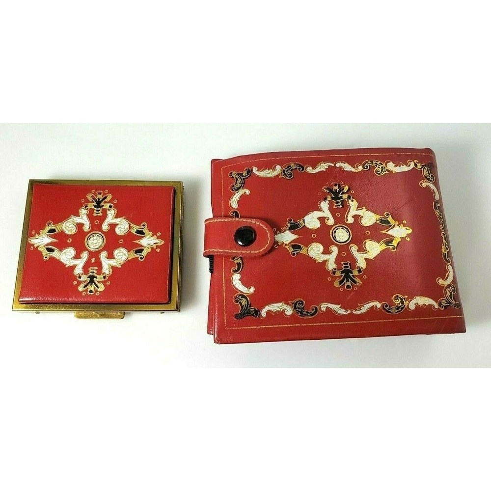 Red Leather Daniel Mirror Compact Clutch Wallet Set Fleur de Lis Gold Vintage